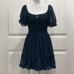 Altar'd State Navy Swiss Dot Puff Sleeve Mini Dress